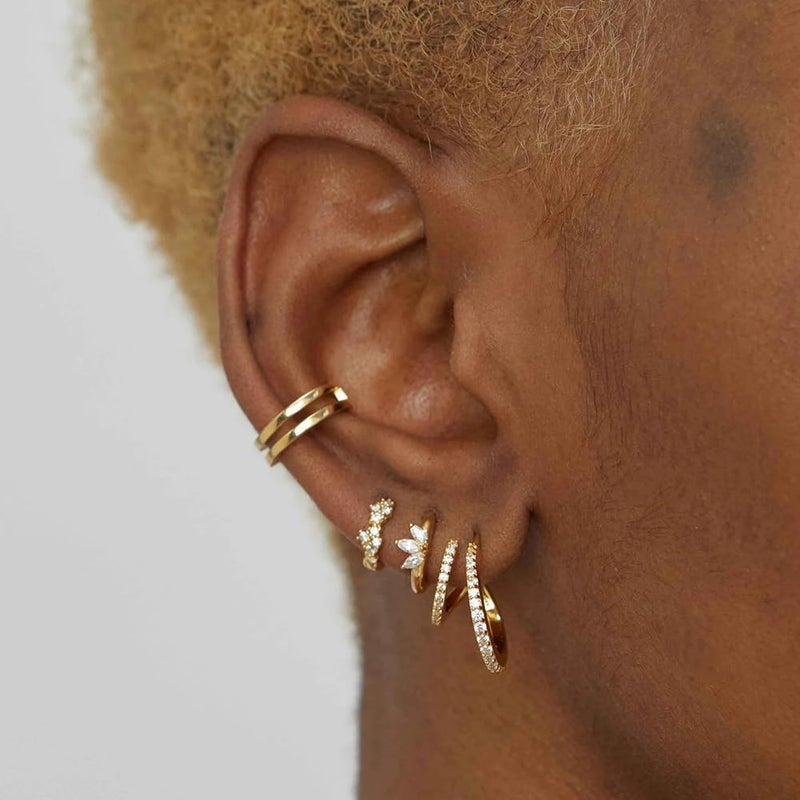 Obidos 14K Gold Plated Triple Huggie Illusion Stud Earrings | Double Huggie Hoop Earrings for One Hole | Gold Hoop Earrings for Women | Drop earrings - Image 2